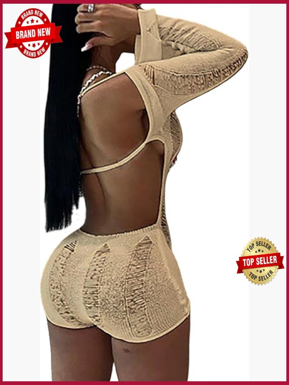Women Sexy Off Shoulder Crochet Knitted Hollow Out Long Sleeve Romper Backless